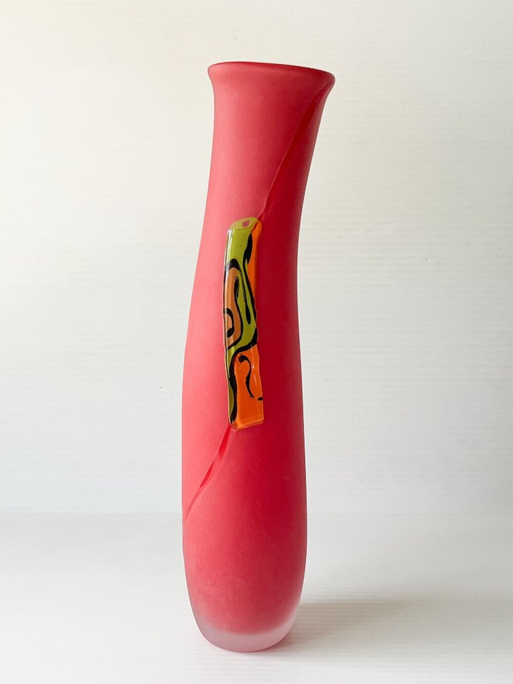 Hand Blown Studio Art Glass Vase Organic Curved Vessel Matte Satin Coral Red